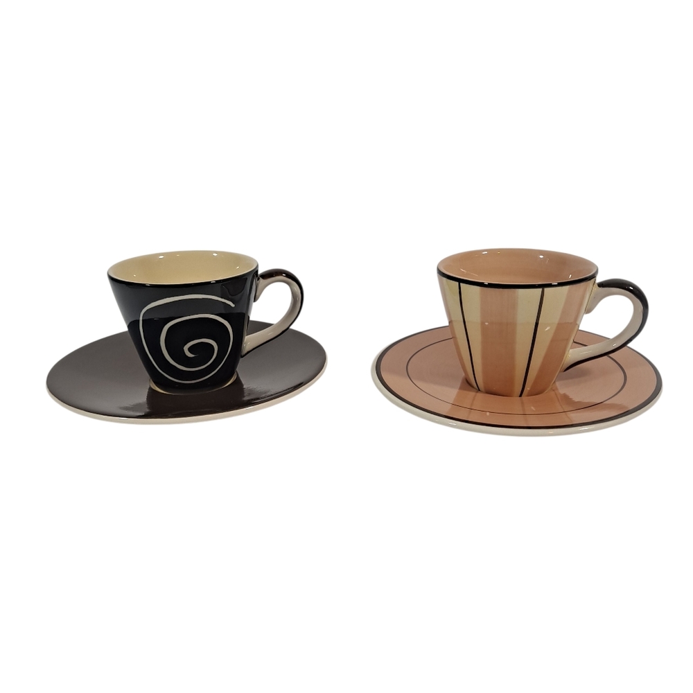 Vintage Hues 'n Blues Expresso Cups With Saucers Hand Painted In Thailand Set/2
